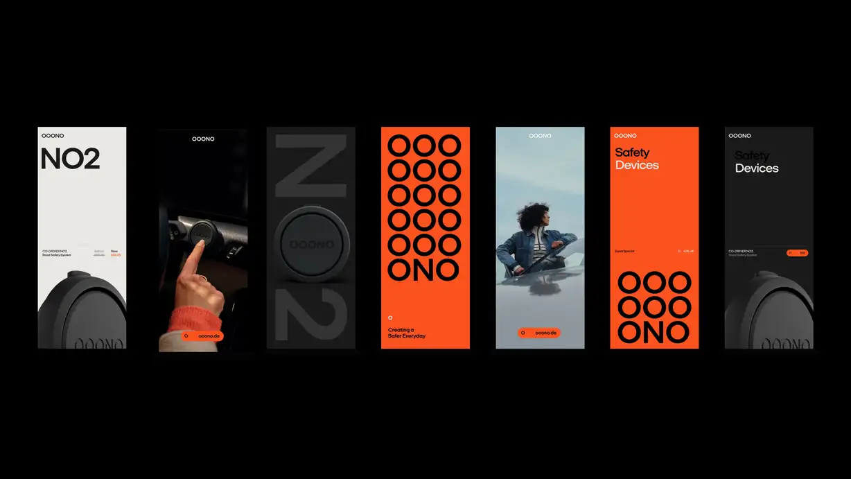 A horizontal strip of seven vertical ad mockups on a black background, showing varied NO2 campaign designs — product shots, a car-interior demo, bold typographic "N⚬2" treatments, an orange grid of circular logos, a lifestyle photo of a woman in a car, and two "Safety Devices" title cards in orange and black.
