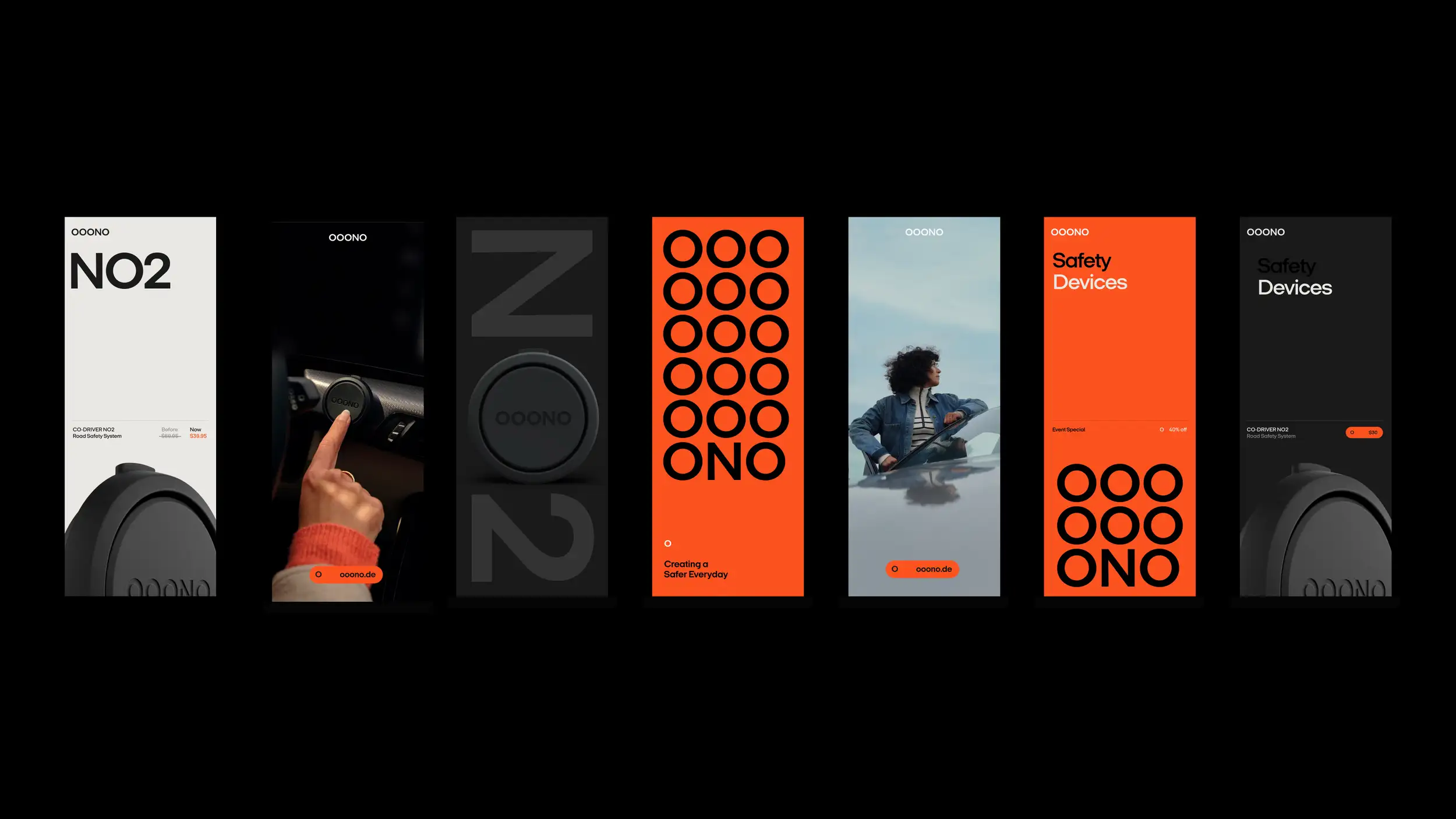 A horizontal strip of seven vertical ad mockups on a black background, showing varied NO2 campaign designs — product shots, a car-interior demo, bold typographic "N⚬2" treatments, an orange grid of circular logos, a lifestyle photo of a woman in a car, and two "Safety Devices" title cards in orange and black.