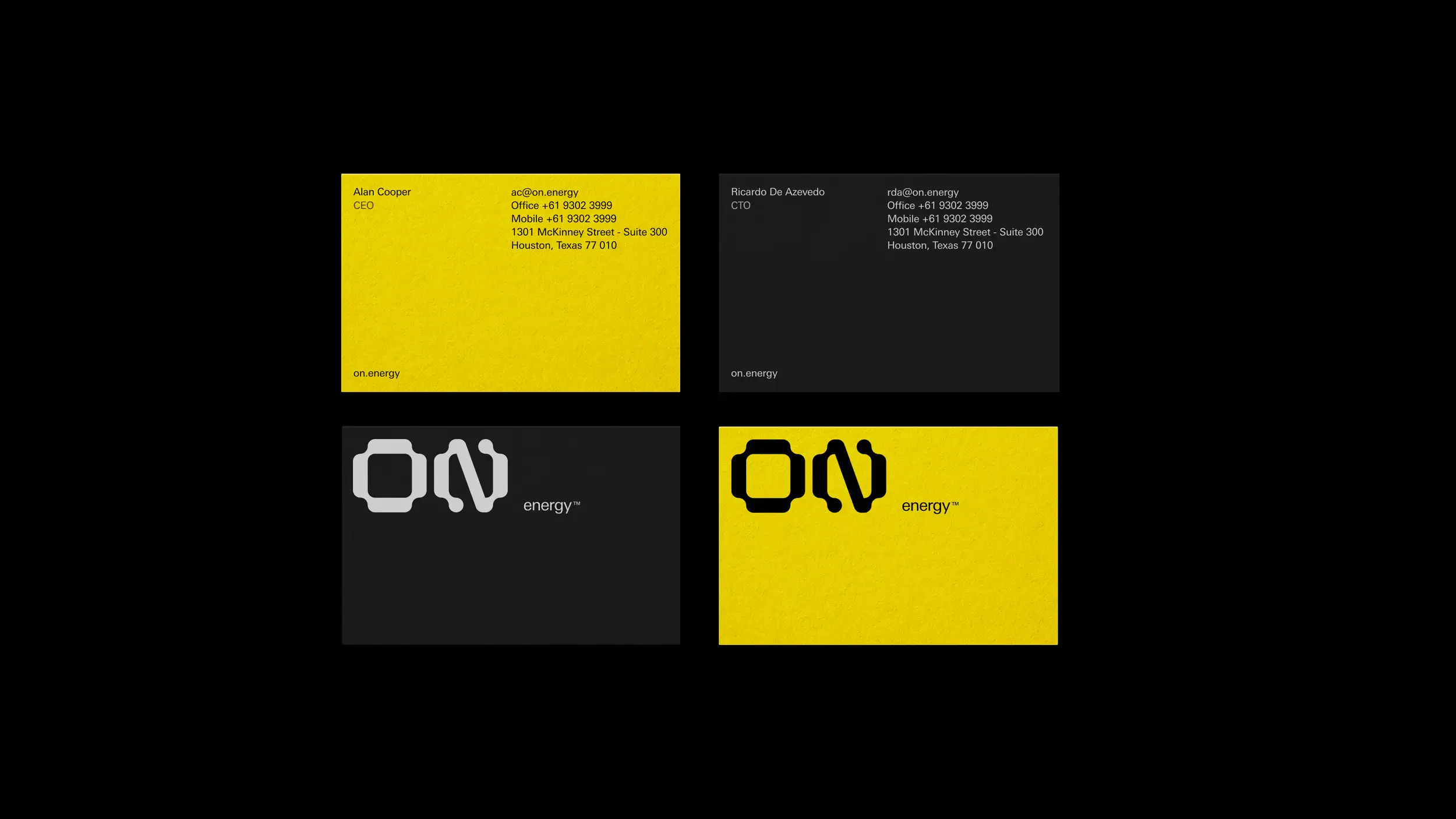 Four business card mockups on a black background: a yellow card for CEO Alan Cooper and a dark card for CTO Ricardo De Azevedo, each with contact details, plus two plain cards showing the ON energy logo on dark and yellow backgrounds.