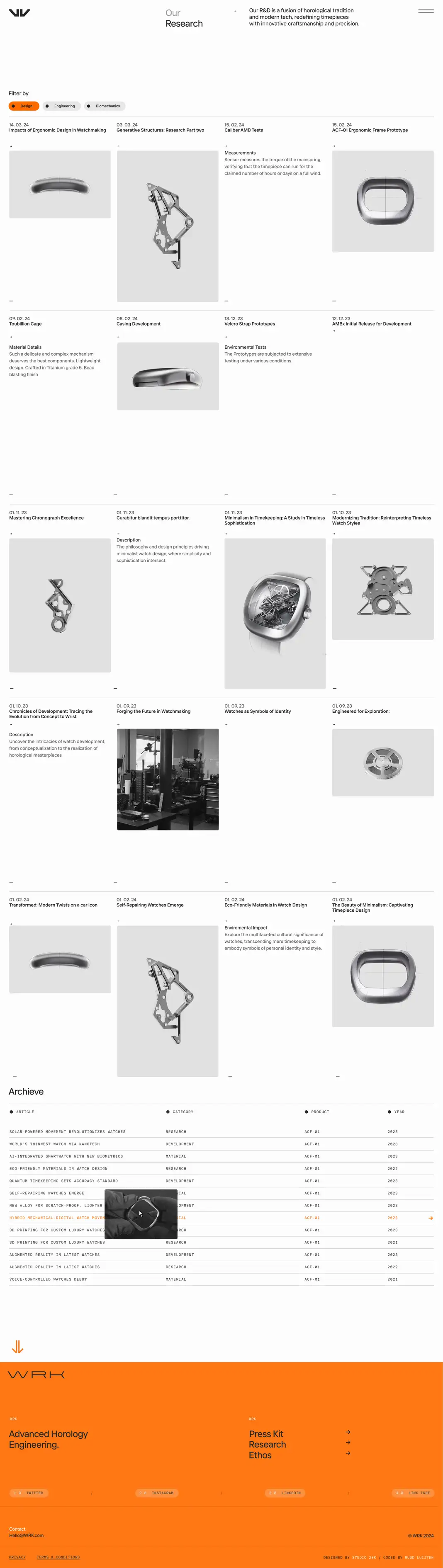 A long, scrolling "Our Research" web page for WRK, an advanced horology (watchmaking) engineering company, on a clean white background with minimalist styling. A header reads "Our Research" beside the WRK logo, with the tagline "Our R&D is a fusion of horological tradition and modern tech, redefining timepieces with innovative craftsmanship and precision." Below is a "Filter by" row with tabs: Design, Engineering, and Biomechanics. The body is a large grid of dated research entries, each with a grayscale render of a watch component (cases, movements, bridges, tourbillon cages, and metal frames) and titles such as "Impacts of Ergonomic Design in Watchmaking," "Generative Structures: Research Part two," "Caliber AMB Tests," "ACF-01 Ergonomic Frame Prototype," "Tourbillon Cage," "Casing Development," "Velcro Strap Prototypes," "Minimalism in Timekeeping: A Study in Timeless Sophistication," "Forging the Future in Watchmaking," and "Engineered for Exploration." Short descriptions accompany several entries. Lower down, an "Archive" section presents a sortable table with columns for Article, Category, Product, and Year — rows list topics like "Solar-Powered Movement Revolutionizes Watches," "World's Thinnest Watch via Nanotech," "AI-Integrated Smartwatch with New Biometrics," "Self-Repairing Watches Emerge," and "3D Printing for Custom Luxury Watches," mostly tied to product "ACF-01" across years 2021–2023. One highlighted row ("Hybrid Mechanical-Digital Watch Movement") is shown in orange with a small watch thumbnail. The page ends with a bold orange footer showing the "WRK" wordmark, the tagline "Advanced Horology Engineering.", navigation links (Press Kit, Research, Ethos), and social links (Twitter, Instagram, LinkTech, Link Tree), plus contact and copyright details.