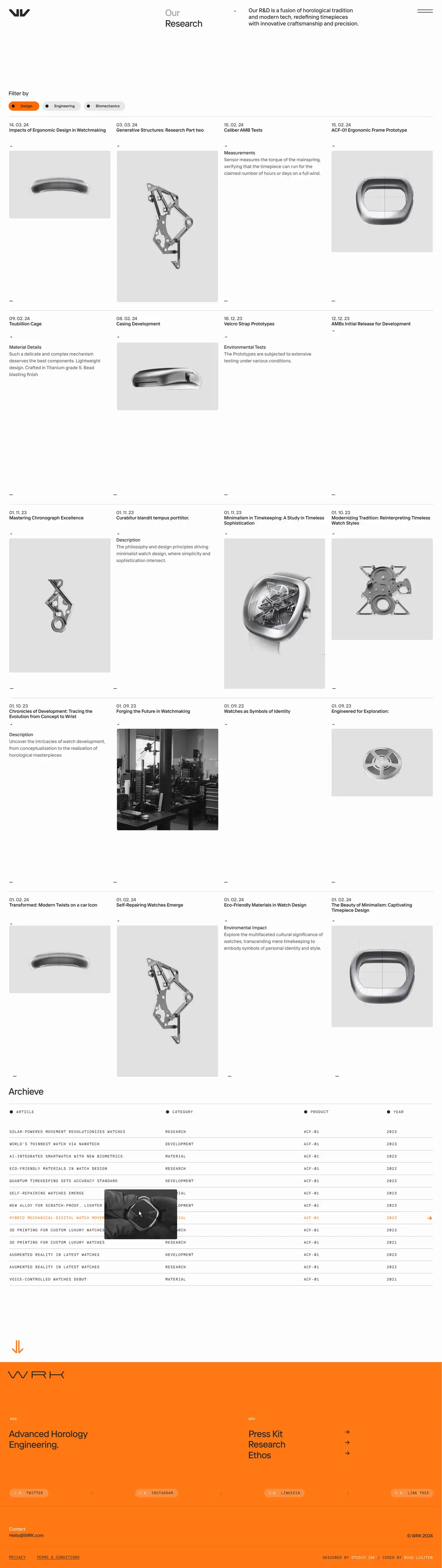 A long, scrolling "Our Research" web page for WRK, an advanced horology (watchmaking) engineering company, on a clean white background with minimalist styling. A header reads "Our Research" beside the WRK logo, with the tagline "Our R&D is a fusion of horological tradition and modern tech, redefining timepieces with innovative craftsmanship and precision." Below is a "Filter by" row with tabs: Design, Engineering, and Biomechanics. The body is a large grid of dated research entries, each with a grayscale render of a watch component (cases, movements, bridges, tourbillon cages, and metal frames) and titles such as "Impacts of Ergonomic Design in Watchmaking," "Generative Structures: Research Part two," "Caliber AMB Tests," "ACF-01 Ergonomic Frame Prototype," "Tourbillon Cage," "Casing Development," "Velcro Strap Prototypes," "Minimalism in Timekeeping: A Study in Timeless Sophistication," "Forging the Future in Watchmaking," and "Engineered for Exploration." Short descriptions accompany several entries. Lower down, an "Archive" section presents a sortable table with columns for Article, Category, Product, and Year — rows list topics like "Solar-Powered Movement Revolutionizes Watches," "World's Thinnest Watch via Nanotech," "AI-Integrated Smartwatch with New Biometrics," "Self-Repairing Watches Emerge," and "3D Printing for Custom Luxury Watches," mostly tied to product "ACF-01" across years 2021–2023. One highlighted row ("Hybrid Mechanical-Digital Watch Movement") is shown in orange with a small watch thumbnail. The page ends with a bold orange footer showing the "WRK" wordmark, the tagline "Advanced Horology Engineering.", navigation links (Press Kit, Research, Ethos), and social links (Twitter, Instagram, LinkTech, Link Tree), plus contact and copyright details.