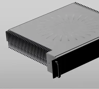 A close-up product render of a sleek, brushed-metal hardware unit — resembling a rack-mounted server or specialized computing/mining device — shown at an angle against a soft gray gradient background. The top surface is engraved with the Hut 8 sunburst/pinwheel logo, formed by radiating tapered slots cut into the metal. One side reveals dense rows of fins, like a heat sink, and the front face is a dark black panel with a recessed handle. The industrial design is minimalist and premium, emphasizing precision engineering and the Hut 8 brand mark.